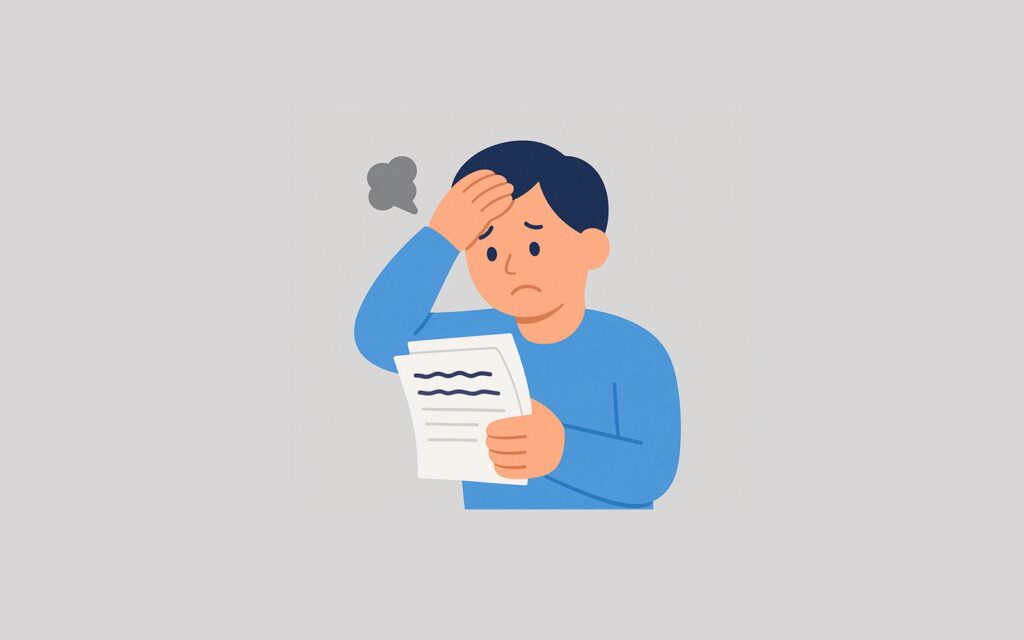 복잡한 서류 뭉치를 보며 한숨 쉬는 사람의 모습