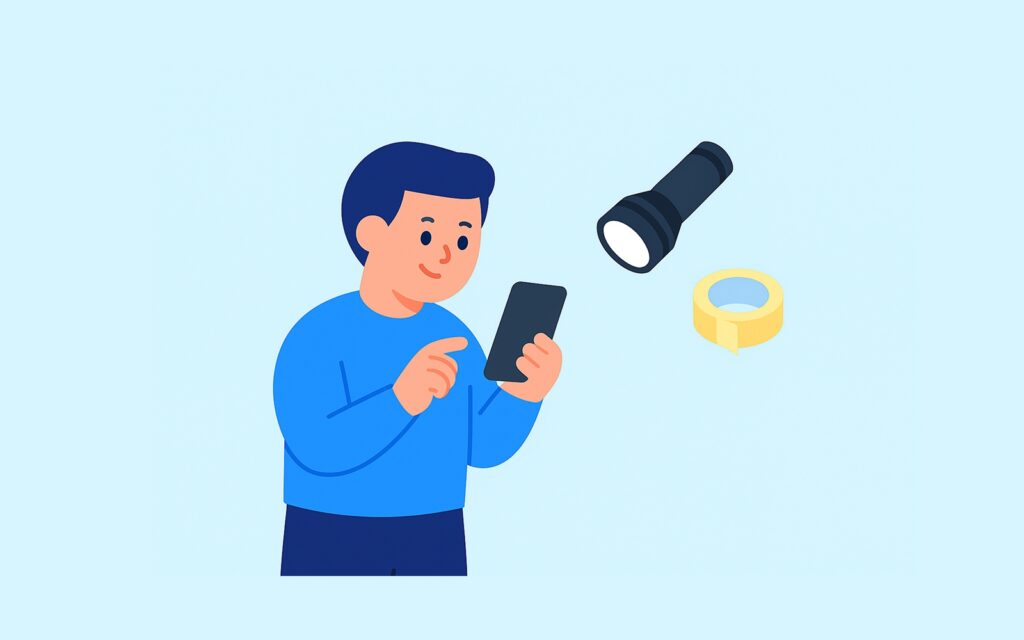 신차 검수를 위해 준비물을 챙기는 모습 (스마트폰, 손전등, 마스킹테이프 등)