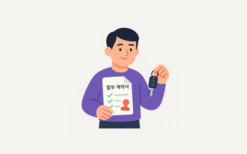 차량 계약서와 키를 들고 있음