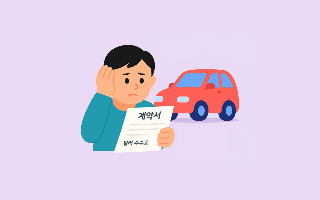 계약서를 들여다보며 딜러 수수료에 대해 고민하는 모습
