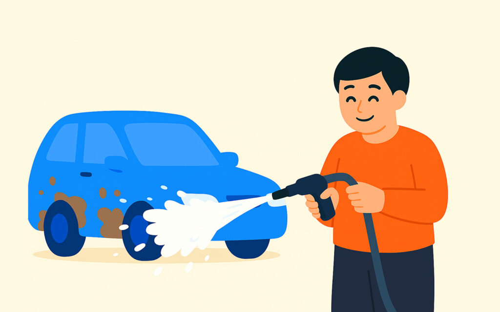 세차를 위해 자동차에 물을 뿌리고 있는 사람