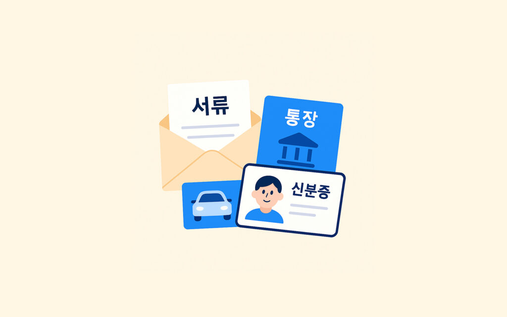 신분증, 통장 등 계약에 필요한 서류와 서류봉투가 놓인 이미지