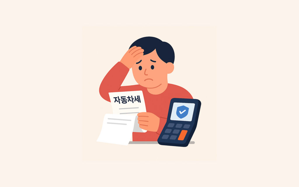 자동차세 고지서와 보험료 계산기를 보며 고민하는 모습