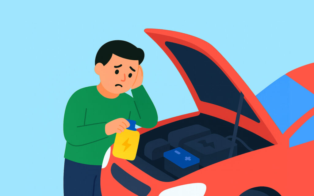 차량 본넷을 열어 살펴보는 운전자