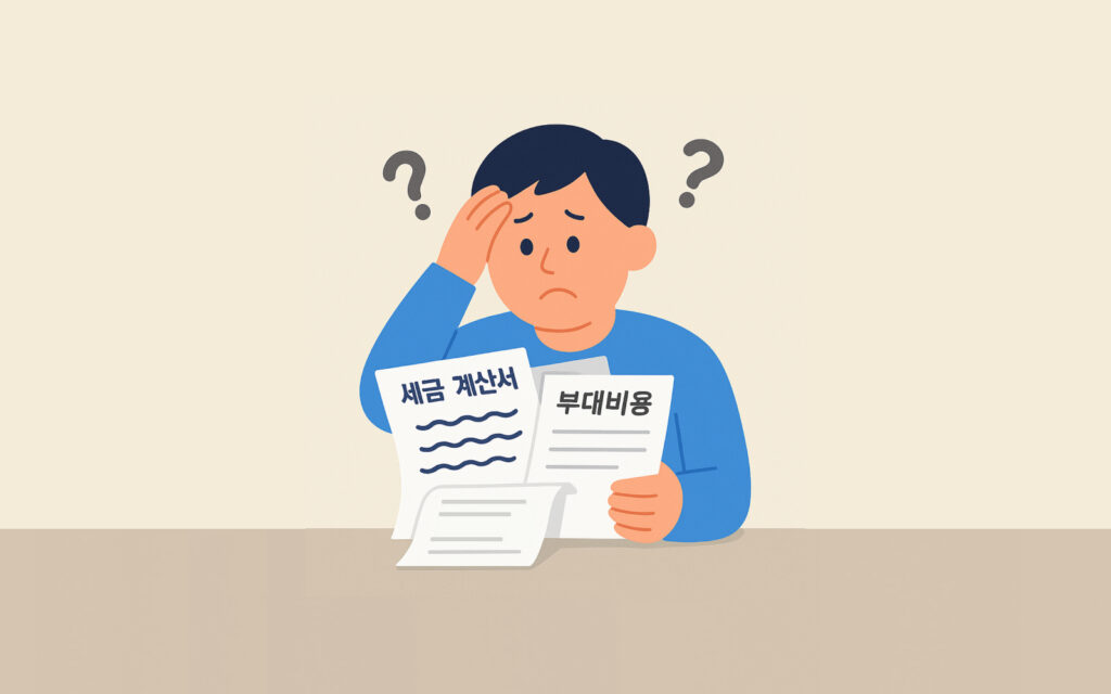 세금 계산서와 여러 부대비용 서류를 보며 혼란스러워하는 모습
