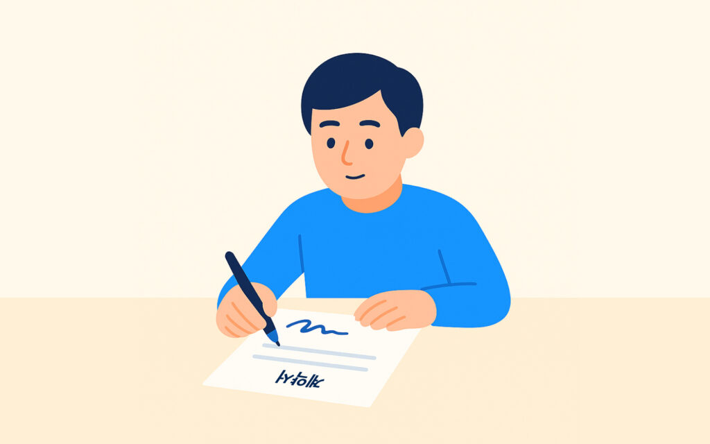 계약서를 꼼꼼히 읽고 사인하는 모습