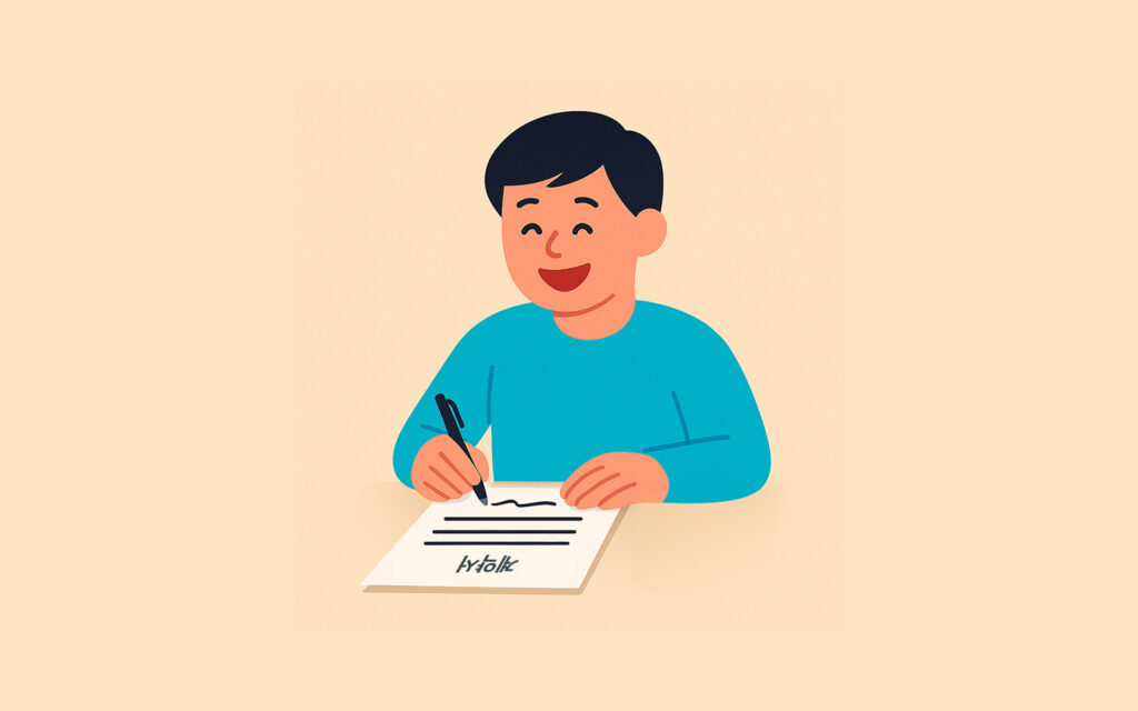 고민 끝에 활짝 웃으며 차량 계약서에 서명하는 모습