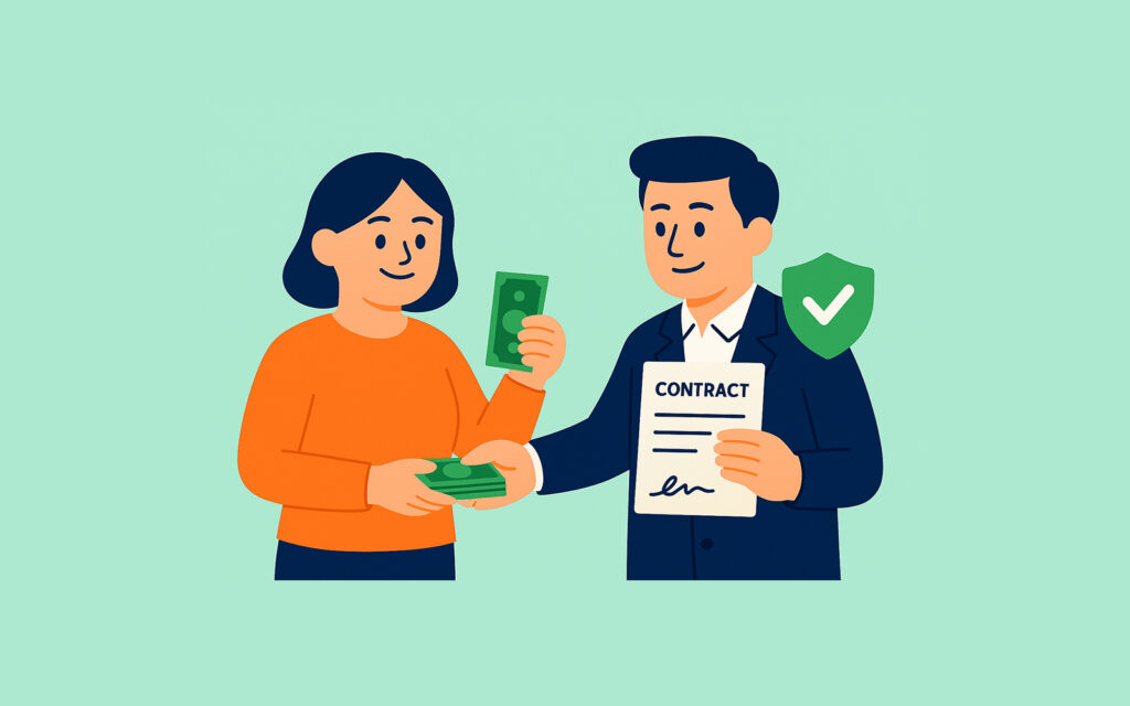 계약서 또는 돈을 주고받는 상황에서 안심하는 표정의 사람