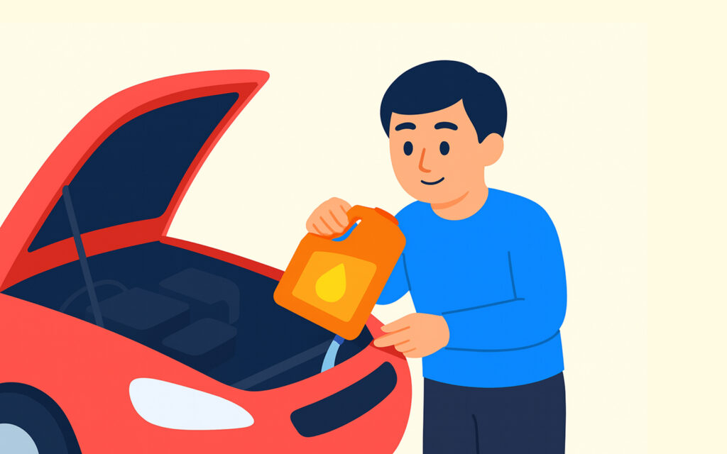 자동차에 부동액을 넣고 있는 사람