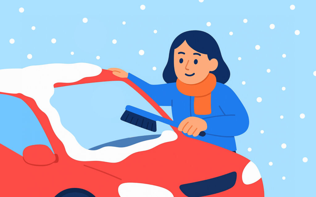 차에 쌓인 눈을 치우고 있는 사람