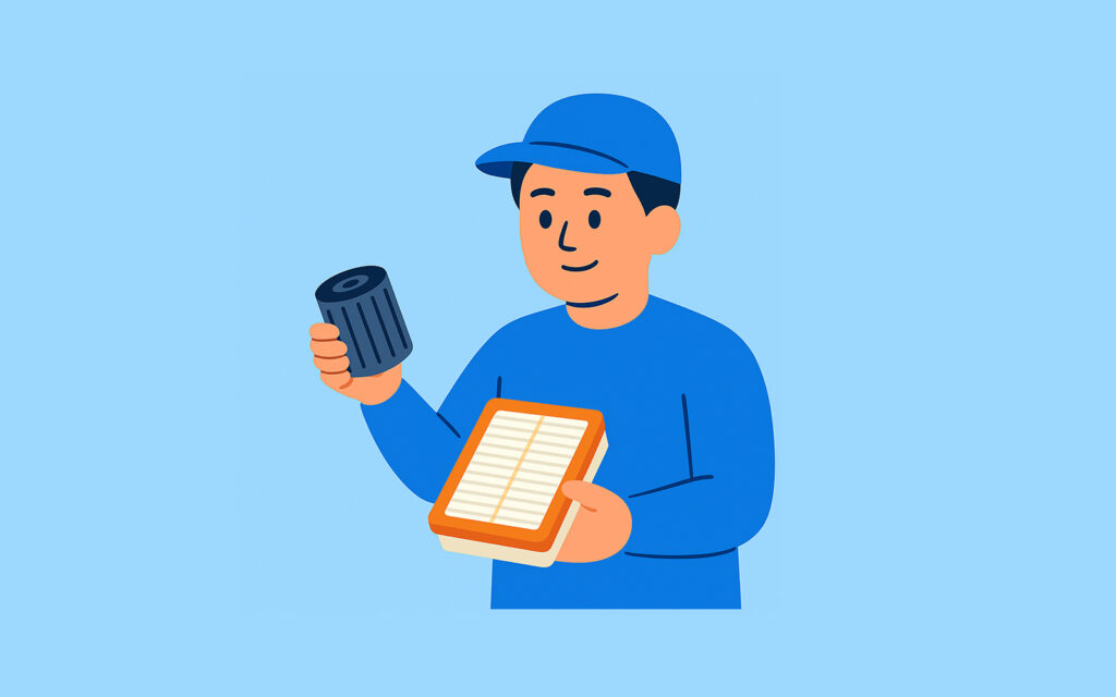 오일필터와 엔진필터를 교체하고 있는 사람