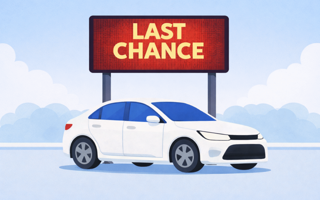 Last Chance 문구가 적힌 전광판 앞에 서 있는 신차 이미지