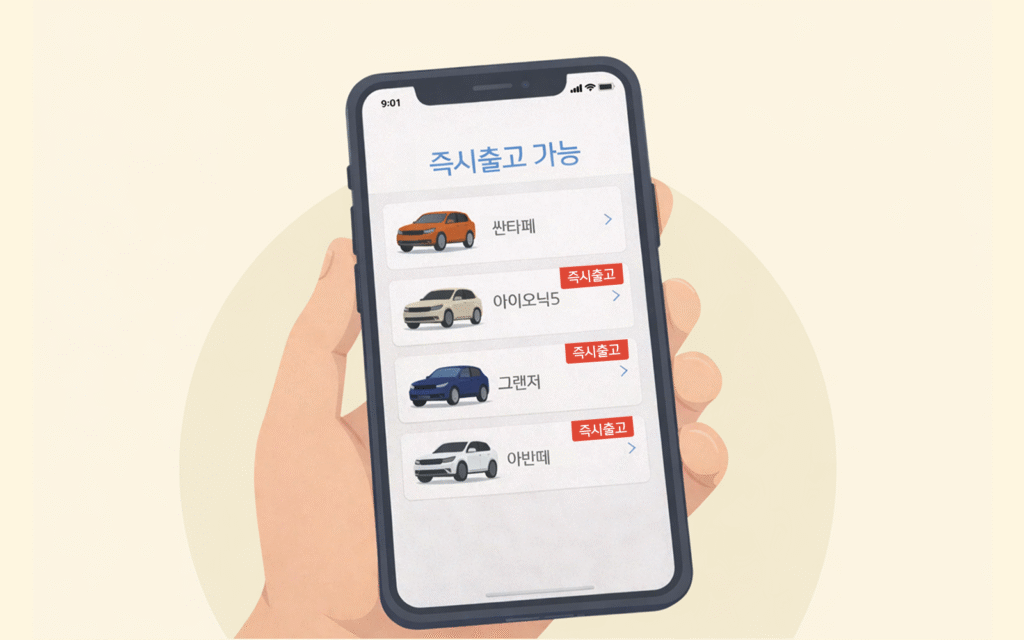 스마트폰 화면에 '즉시 출고 가능' 리스트가 나열된 모습