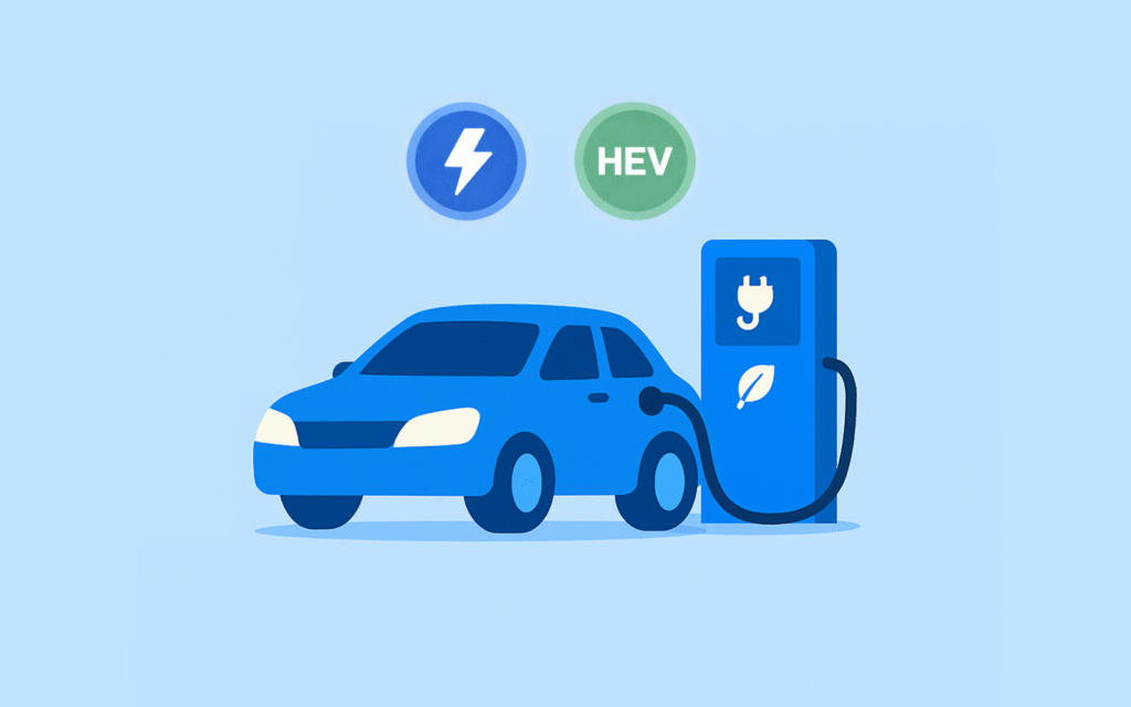 전기차 충전소와 하이브리드 차량 로고가 강조된 이미지