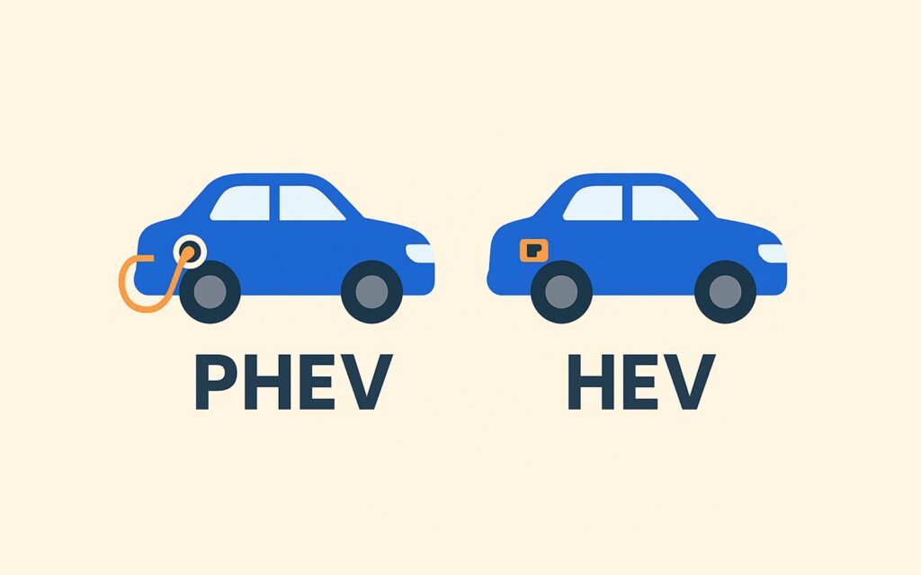 전기 충전구가 있는 PHEV 차량과 주유구만 있는 HEV 차량을 나란히 비교하는 모습