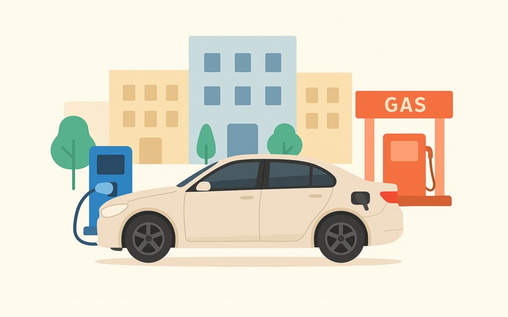 아파트 주차장과 충전 시설, 그리고 옆에는 주유소를 배경으로 하는 하이브리드 차량