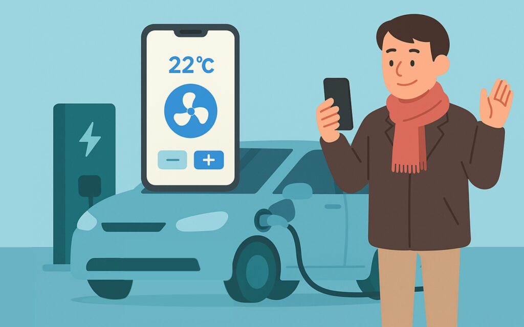 충전 중인 전기차 내부에서 스마트폰으로 공조 시스템을 미리 설정하는 모습
