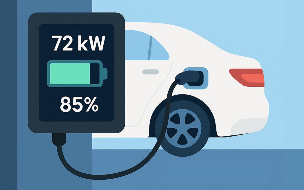 전기차 충전기가 차량에 연결되어 있고, 충전 속도(kW)와 배터리 잔량(%)을 나타내는 디지털 화면