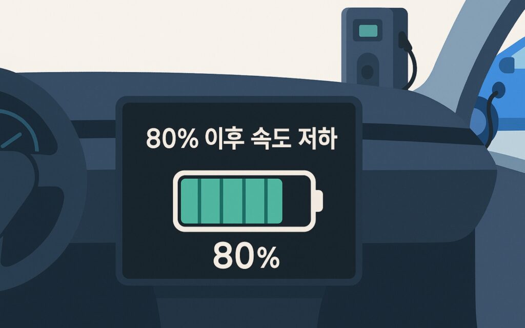 충전 중인 전기차 내부 화면에 '80% 이후 속도 저하' 안내 문구가 뜨는 모습