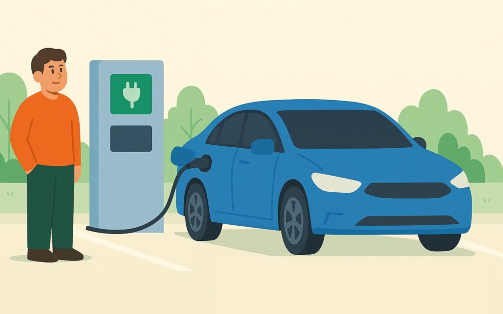 충전이 완료되었지만 차를 빼지 않고 주차된 전기차와 그 옆에서 기다리는 다른 전기차 운전자