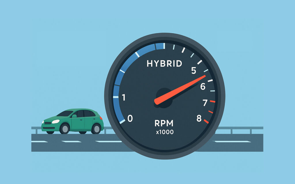 고속도로를 달리는 하이브리드 차량의 RPM이 급격히 상승하는 계기판 클로즈업
