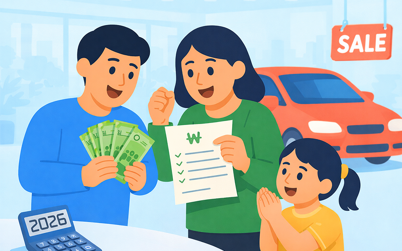 신차 구매를 앞두고 예산을 확인하며 기뻐하는 가족의 모습