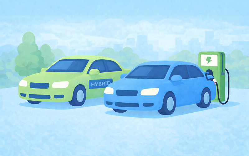하이브리드 차량과 전기차 충전소 배경의 친환경 자동차 모습