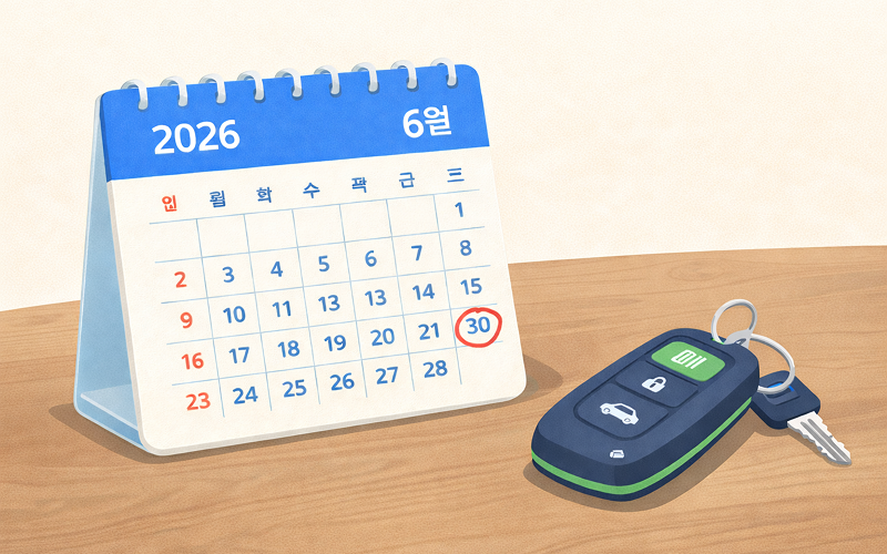 달력의 6월 30일에 동그라미가 쳐져 있고 신차 열쇠가 놓여 있는 모습