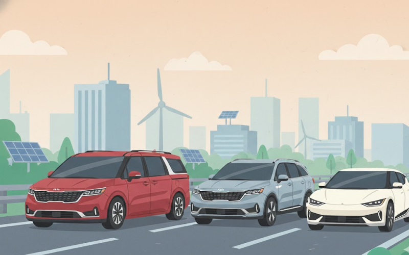 도로 위를 달리는 다양한 기아(KIA) 자동차 라인업과 세련된 브랜드 로고 이미지