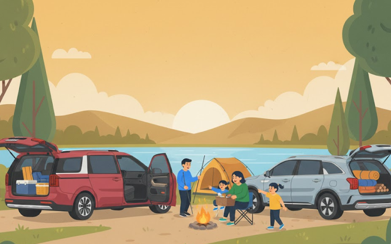 가족과 함께 캠핑을 즐기기 위해 넉넉한 적재 공간을 자랑하는 쏘렌토와 카니발의 모습