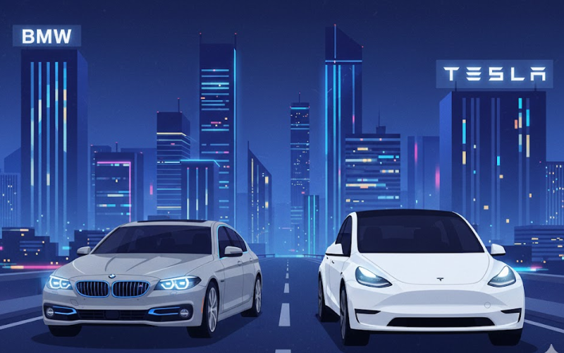 도심의 야경을 배경으로 세련된 디자인을 뽐내는 BMW 5시리즈와 테슬라 모델 Y