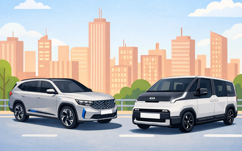 세련된 디자인의 르노코리아 그랑 콜레오스와 혁신적인 목적 기반 모빌리티(PBV) 기아 PV5의 모습
