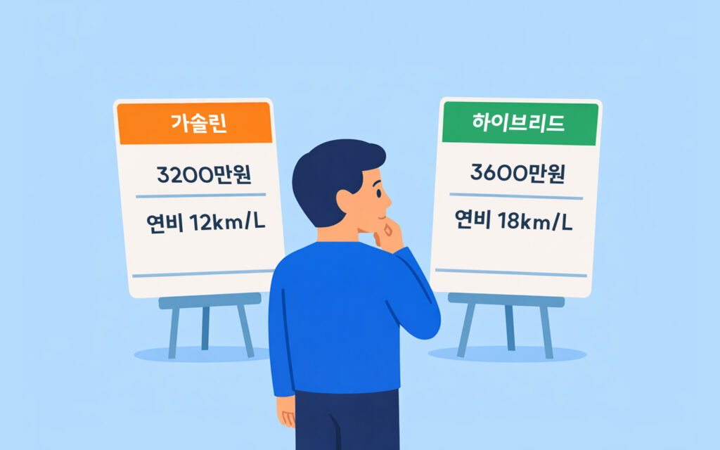 신차 매장에서 가솔린 모델과 하이브리드 모델의 가격표를 비교하는 고객