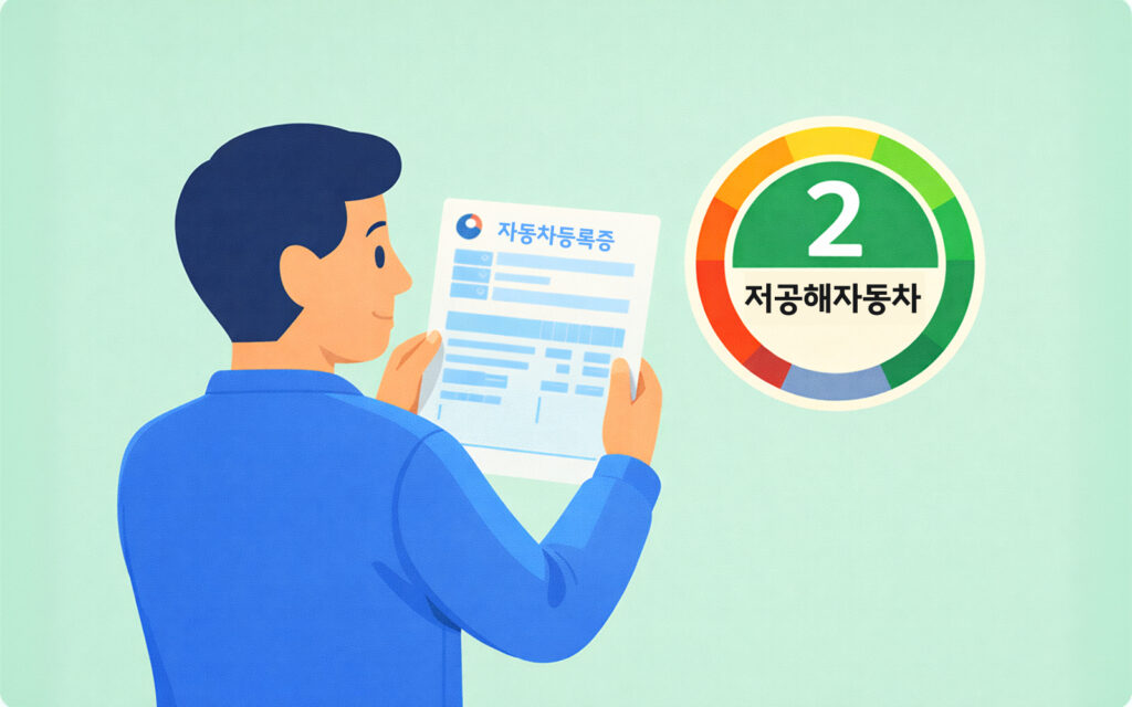 자동차 등록증을 확인하며 배출가스 등급을 체크하는 차주