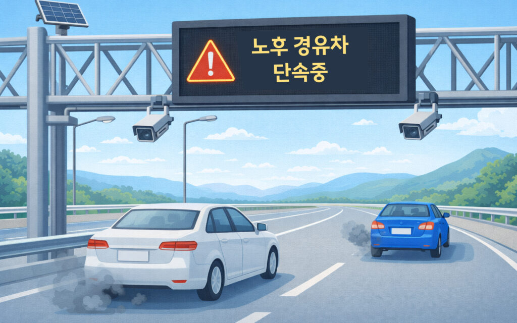 도로 위 설치된 노후 경유차 단속 카메라와 전광판