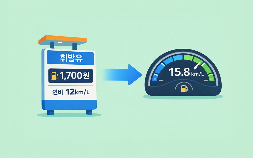 주유소 가격판과 자동차 연비 계기판을 대조하는 인포그래픽