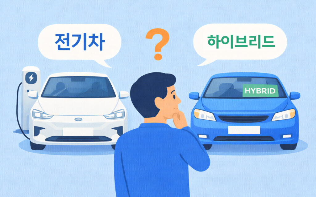 전기차와 하이브리드차 앞에서 고민하는 소비자의 모습