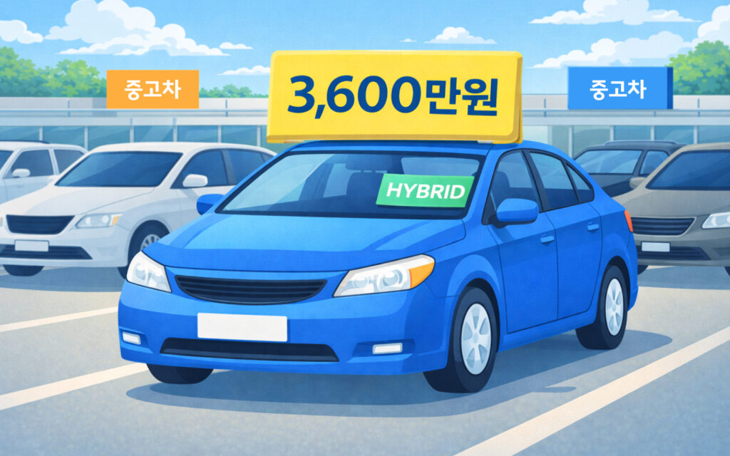 중고차 매매 단지에서 높은 가격표가 붙은 하이브리드 차량