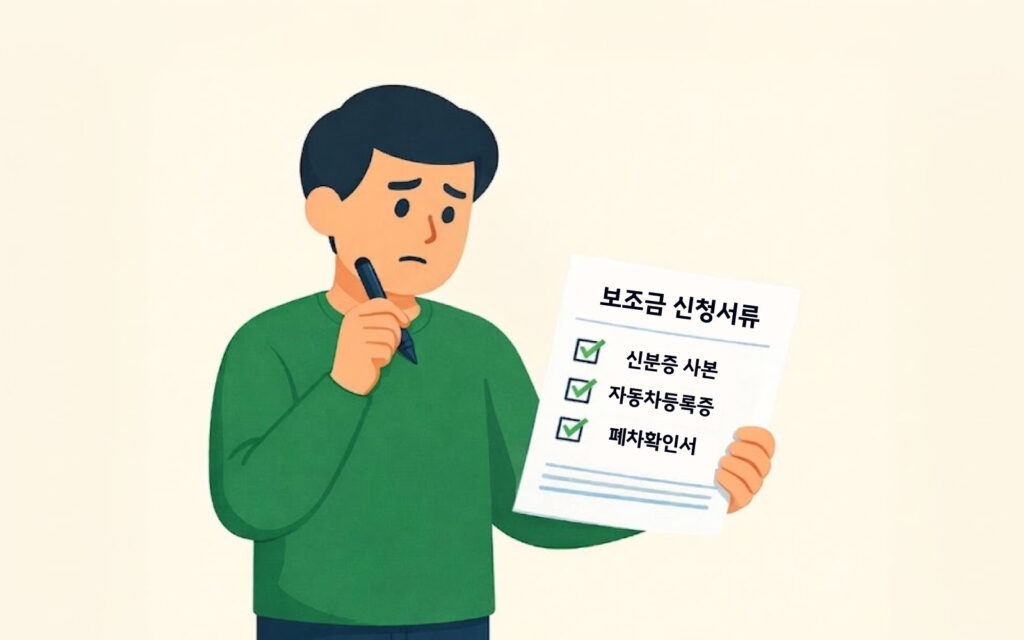 폐차장에서 보조금 지원 서류를 확인하는 자동차 소유주