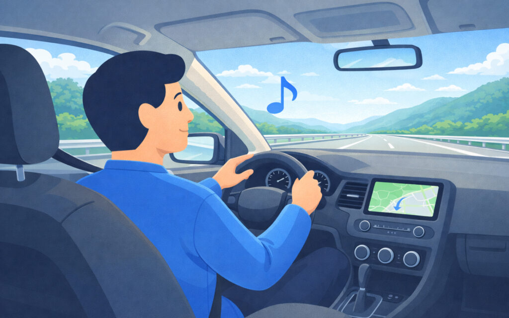 조용한 차 안에서 여유롭게 드라이브를 즐기는 운전자