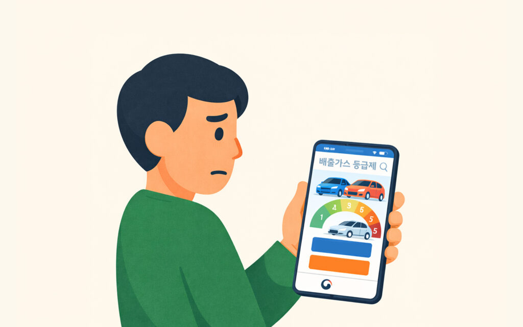 스마트폰으로 배출가스 등급제 홈페이지를 조회하는 모습