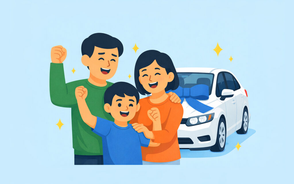 카랩을 통해 신차를 출고하고 밝게 웃는 가족의 모습