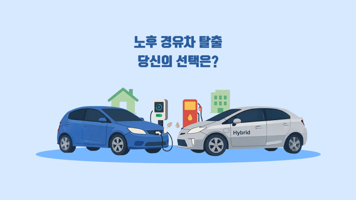 충전기를 꽂고 있는 전기차와 주유구 옆에 'Hybrid' 레터링이 붙은 차량이 서로 마주 보고 있는 모습