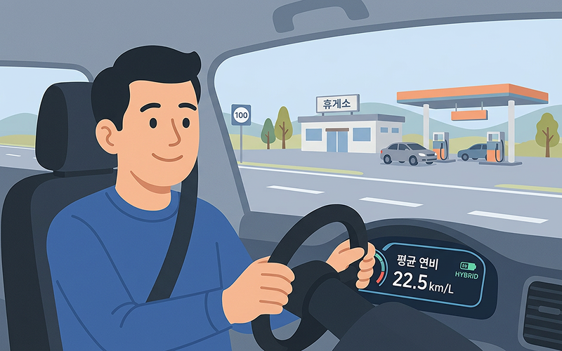 고속도로 휴게소 주유소를 여유롭게 지나치는 하이브리드 차량과 연비 20km/L 이상이 찍힌 계기판
