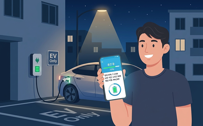 아파트 주차장 전용 충전 구역에서 밤새 충전 중인 전기차와 스마트폰 충전 앱 화면