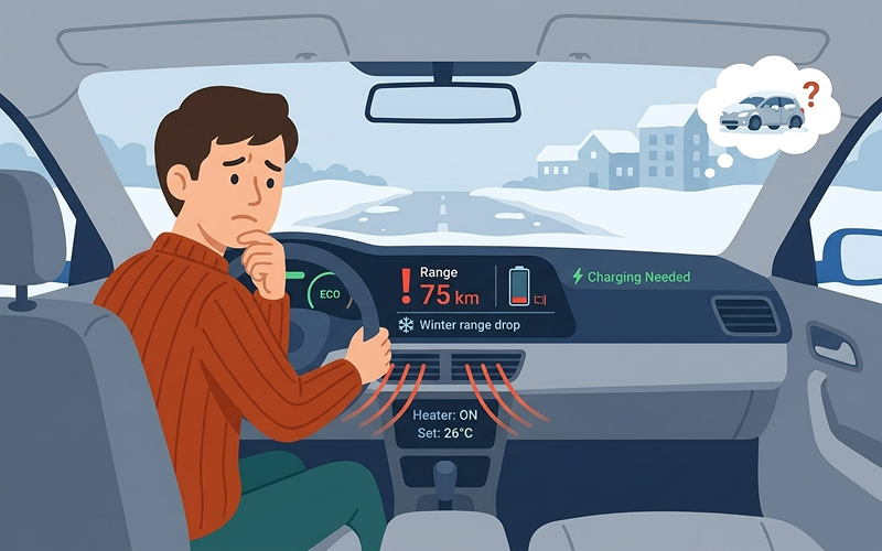 겨울철 주행 가능 거리가 줄어든 전기차 계기판과 히터를 켜고 고민하는 운전자의 모습