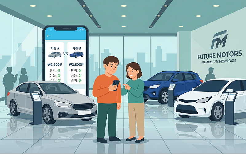 다양한 신차들이 전시된 화려한 쇼룸과 그 앞에서 스마트폰으로 견적을 비교하는 모습