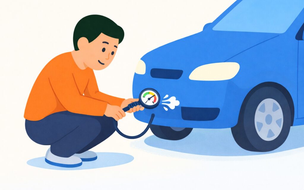 타이어 공기압을 체크하고 있는 운전자