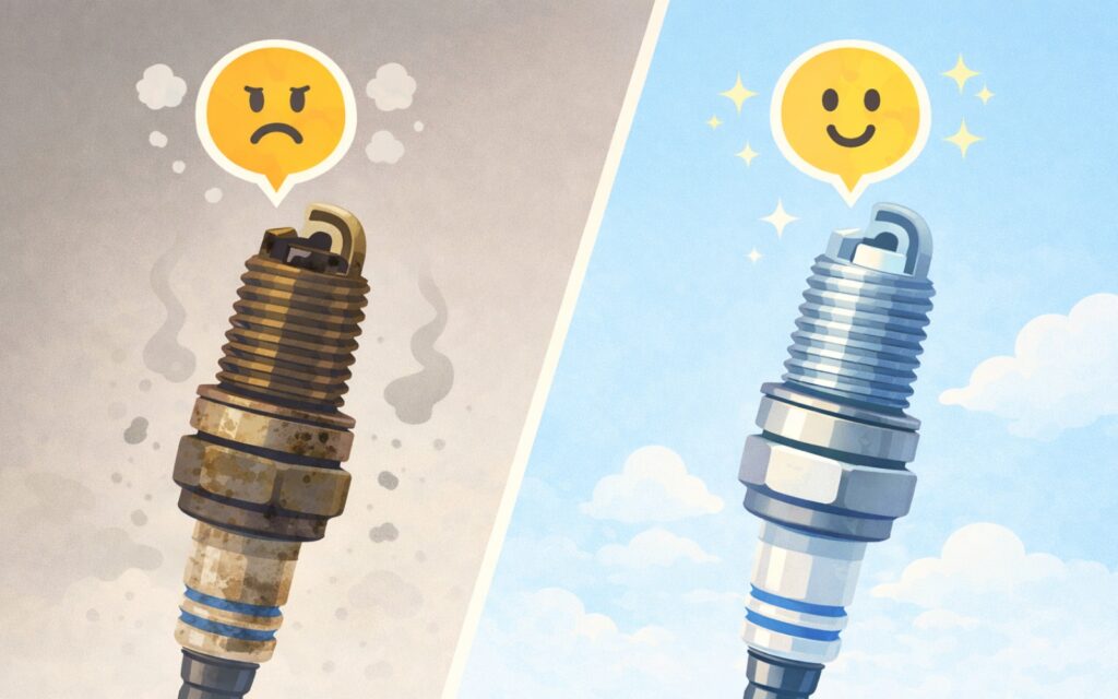 노후된 점화플러그와 깨끗한 점화플러그의 비교 이미지