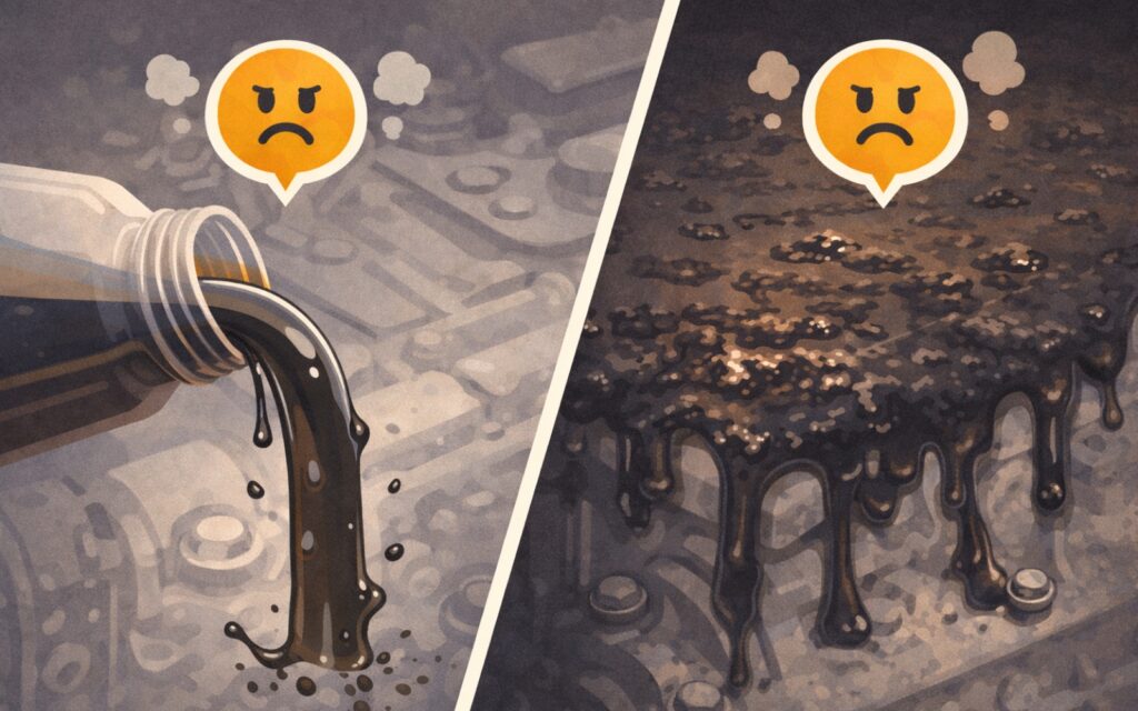 검게 변한 엔진 오일과 끈적한 오일 슬러지